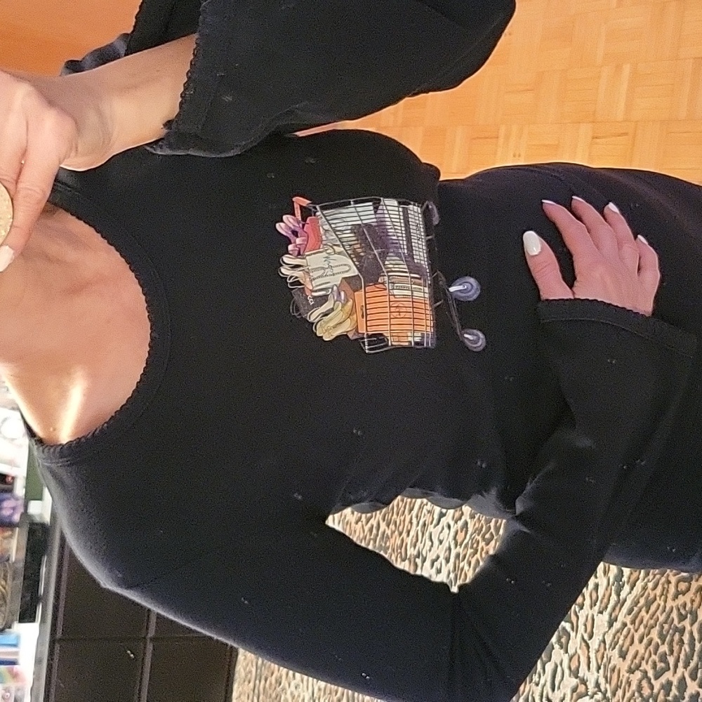 Black Graphic Long Sleeve Tee picturing a Shopping Cart full of SHOES, L